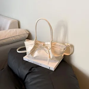 Women Fashion Minimalist PU Leather Tote Bag Casual Commuting Single Shoulder Crossbody Bag Elegant Bow Pleated Handbag