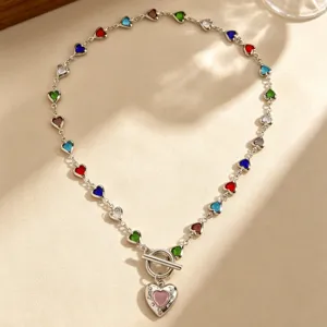 Colorful heart chain necklace fashion silver metal pendant jewelry for women aesthetic charm.