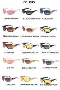 Details of Y2K women polarized sunglasses with butterfly decor, showing multi-color variants.