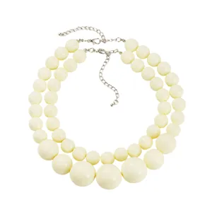 Resin beaded double layer necklace, cream color balls with silver tone chain detail.