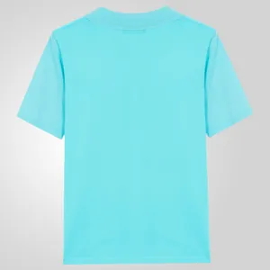 Vista posteriore dettaglio della polo a maniche corte in maglia blu vivace con trama pulita.