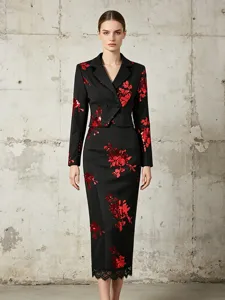 Elegant Sequin Floral Women Top And Bottom Set Short Lapel Blazer And High Waist Lace Patchwork Maxi Skirt Banquet Outfit