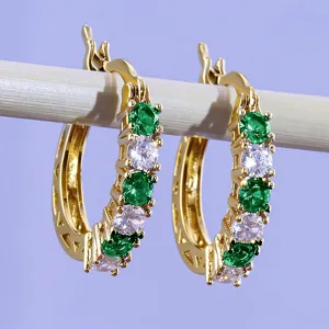 Detailed view of fashion green and white zircon gold plated U-shaped hoop earrings design.