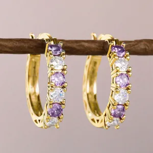 Exquisite 18k gold plated hoop earrings featuring alternating purple and white cubic zirconia.