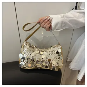 Trendy sequin underarm bag for women, sparkling shoulder handbag with metallic chain strap.