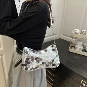 Trendy silver sequin underarm shoulder bag for women, stylish hot girl chain bag main view.