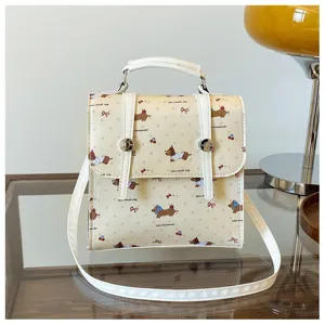 Cute dachshund print mini women backpack with white handle and straps, sweet casual detail view