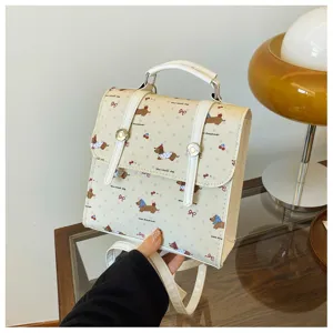 Cute mini beige backpack featuring cute dachshund and cherry print, stylish PU leather daypack.