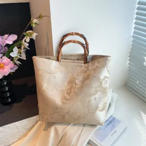 Chinese Style Retro Floral Jacquard Tote Bag With Bamboo Handle Large Capacity Casual Handbag Women Shoulder Bag