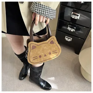 Cute brown cat shape shoulder bag, sweet PU leather crossbody bag for daily fashion use.