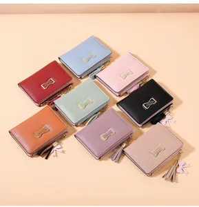 Women short wallet PU leather coin purse cute bow tassel card holder multi color chic