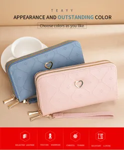 Double layer zipper long wallet detail showing embossed PU leather texture and cute heart hardware.