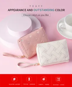 Women short wallet cute heart embroidery PU leather coin purse with wrist strap pink white