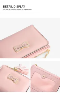 Pink short women wallet PU leather cute bow coin purse card holder chic daily zipper bag