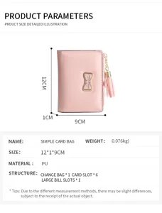Pink short women's wallet detail, compact PU leather purse with bow and tassel charm.