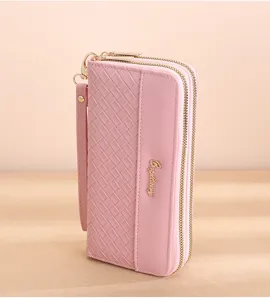 Pink long wallet for women with double zippers, woven texture, and large capacity clutch.