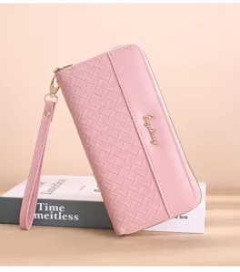 Pink woven long wallet for women, large capacity zipper clutch purse with wrist strap.