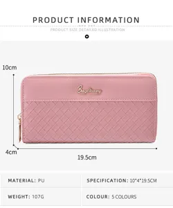Women's long zipper wallet PU leather clutch pink woven pattern card holder purse