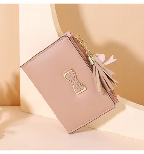 Women's short pink wallet pu leather purse with cute bow metal plate and tassel zipper pull