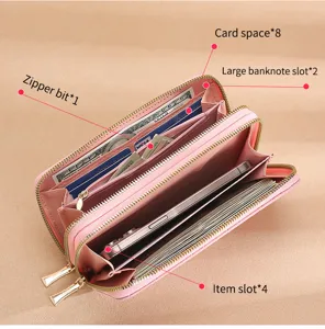 Women long zip wallet large capacity phone clutch purse detail view showing card slots and compart.