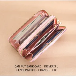 Detailed view of women pink long zip wallet with multiple card slots and phone compartment inside.