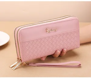 Pink women long wallet double zipper coin purse large capacity phone clutch bag detail