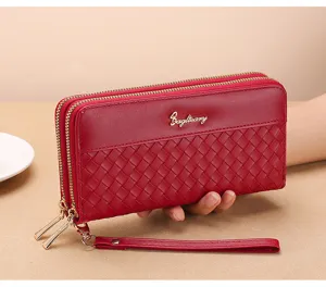 Women long woven wallet double zipper clutch purse red large capacity phone purse stylish design