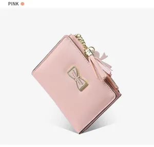 Pink short wallet for women with bow metal plaque and tassel zipper, stylish daily purse.