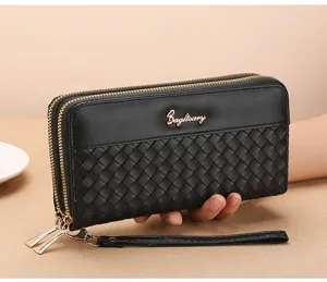 Women's black woven long wallet with double zippers, large capacity and wrist strap design.