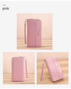 Pink long zipper wallet with woven design, large capacity and wrist strap for women.