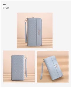 Blue long woven wallet for women, large capacity PU leather zip clutch with wrist strap.