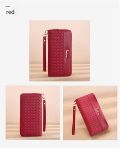 Red woven long wallet for women with zipper closure and wrist strap, large capacity clutch.