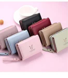 Femme court portefeuille en cuir PU multicolore à trois volets avec fermeture éclair et cerf