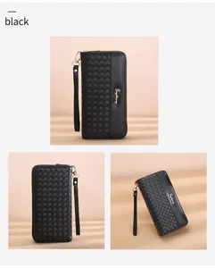 Black woven long wallet detail showcasing leather texture, zipper closure and wrist strap.