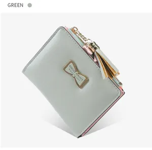 Short women's wallet PU leather coin purse with zipper tassel and cute bow metal decor green