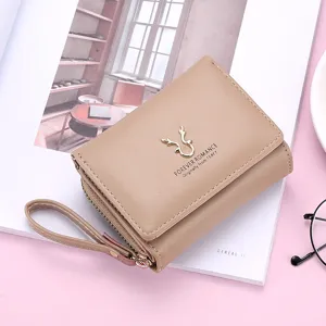 Mignon Portefeuille Court Pliable en Trois Cuir PU Femmes Contraste de Couleur Bois en Métal Petit Portefeuille Avec Fermeture Éclair Multi Emplacements Porte Cartes Porte Monnaie Pochette Dragonne
