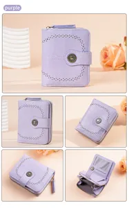 Donna portafoglio corto retro pelle cerata porta carte cerniera borsellino viola