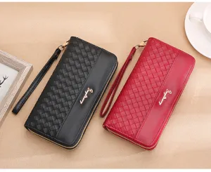 Women's long wallet zipper clutch large capacity phone purse woven design black and red stylish