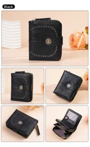 Portafoglio corto da donna nero in pelle cerata porta carte tasca con zip moneta vista dettagliata di.