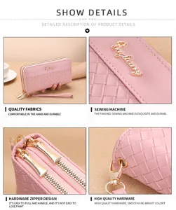 Pink long wallet for women with zipper closure, woven pattern design, and wrist strap.