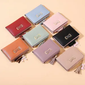 Short Women's Wallet PU Leather Bowknot Tassel Small Coin Purse Multi-Card Slot Zipper Foldable Wallet For Women Ladies Fashion Purse