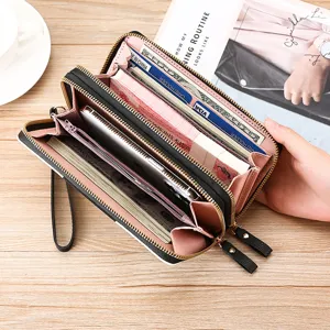 Women long wallet fashion zipper clutch large capacity black pink purse for daily use details