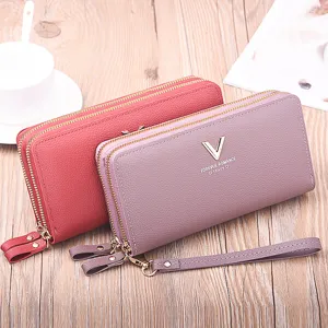 Women's long double zipper wallet fashion large capacity clutch PU leather purse wristlet