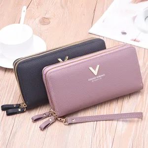 Women long wallet double zipper PU leather clutch purse with wrist strap fashion card holder bag