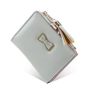 Short women's wallet mint green PU leather card holder stylish purse with bow tassel.