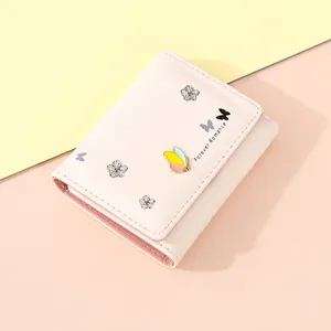 Pink short women wallet trifold design cute butterfly metal charm compact card holder purse