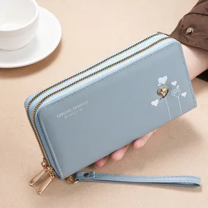 Monedero largo mujer doble cremallera cartera de cuero PU tarjetero bolso elegante.