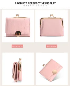 Women short folding wallet with kiss lock closure, pink crocodile pattern card holder purse.