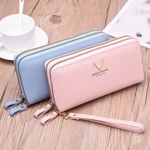 Women long double zipper wallet fashion pu leather clutch bag with large capacity purse.