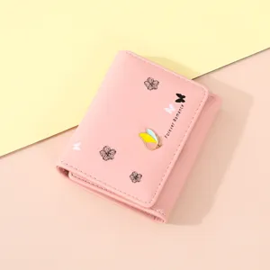 Pink short trifold women wallet with cute butterfly and floral print, compact card holder.
